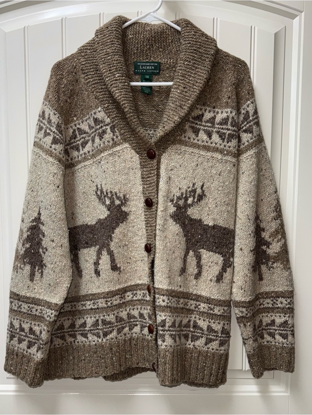 LN WOMENS 2X (bust 50”) LAUREN RALPH LAUREN VINTAGE HAND KNIT 100% WOOL CARDIGAN